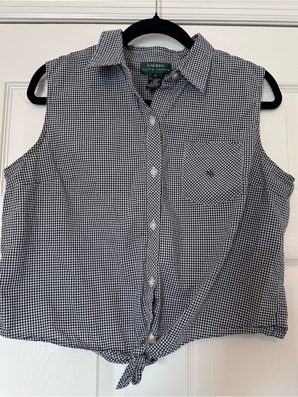 Lauren Ralph Lauren Navy & White Gingham Tie-Hem Sleeveless Button-Down